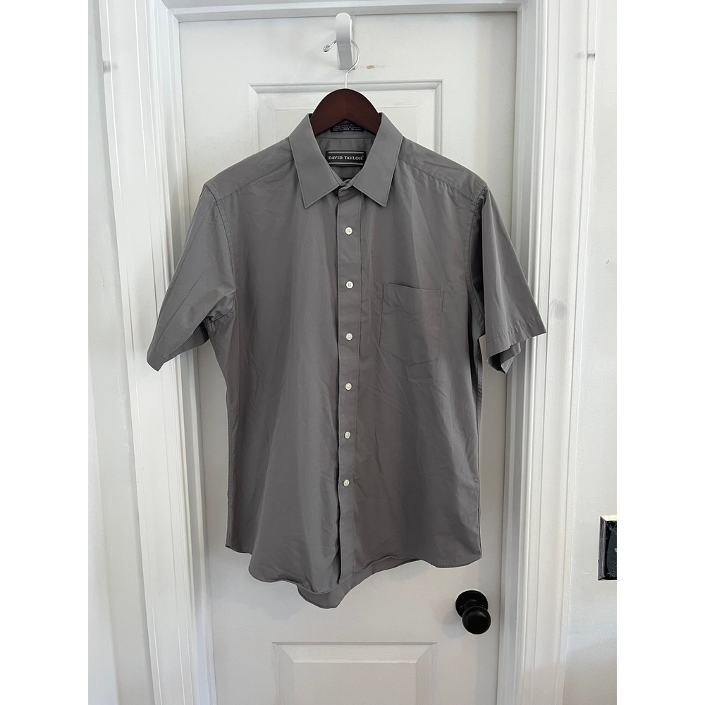 David Taylor Mens Gray Short Sleeve Button Down Dress Shirt Size 16 Poly Cotton